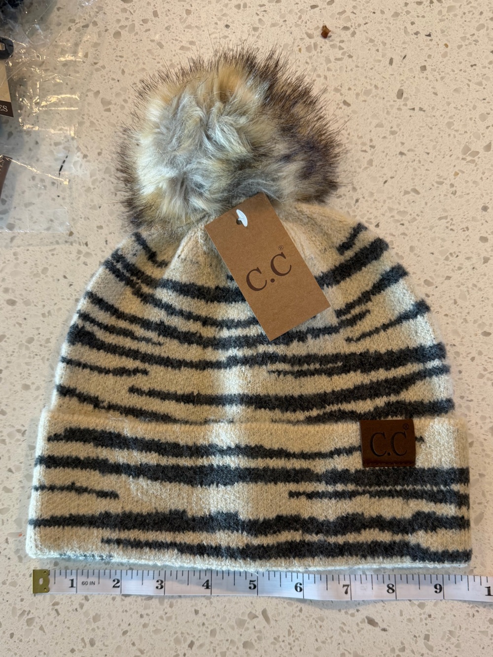 C.C Beanie Tan & Black Zebra-Stripe Pom Beanie